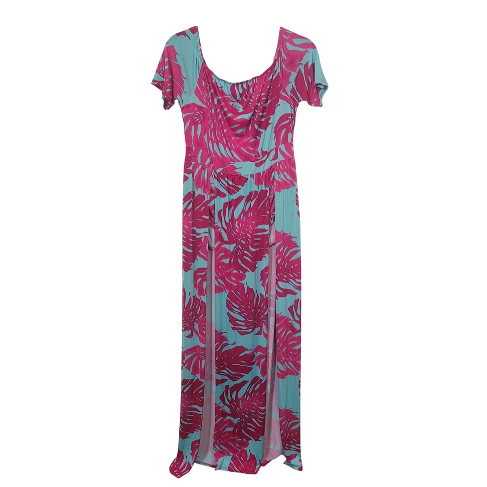 Fashion Queen 1X Tropical Maxi Dress Womens Pink Mint Monstera High Slit Summer